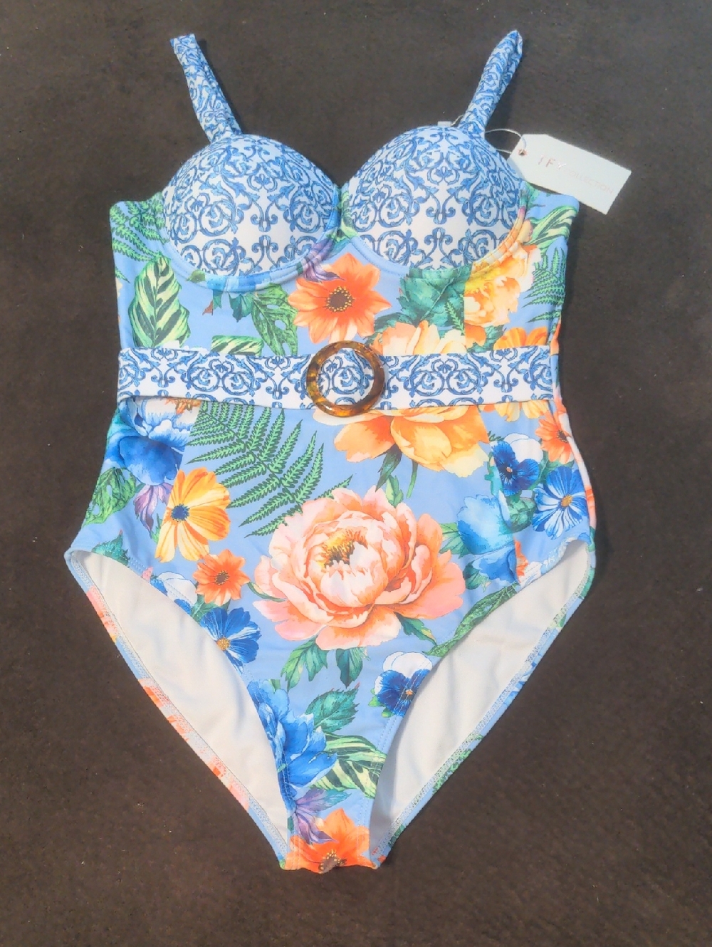 TFY Collection Women's Molded Cup Belted Floral One Piece Swimsuit Size M NWT